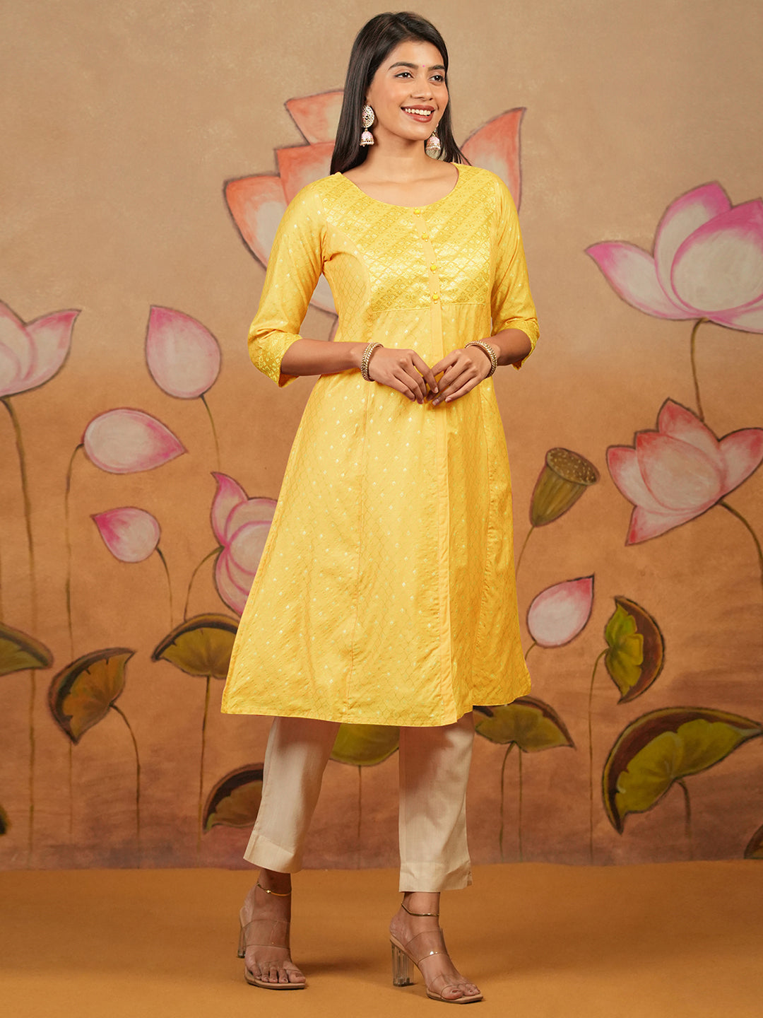 Jaali Printed With Brocade Yoke Kurta Yellow