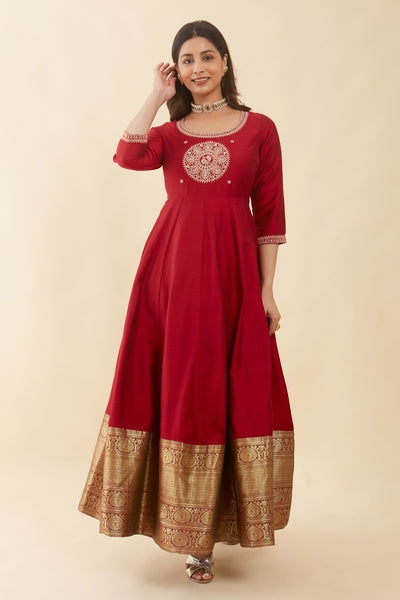 Peacock Motif Embroidered Placement With Silk Zari Border - Red