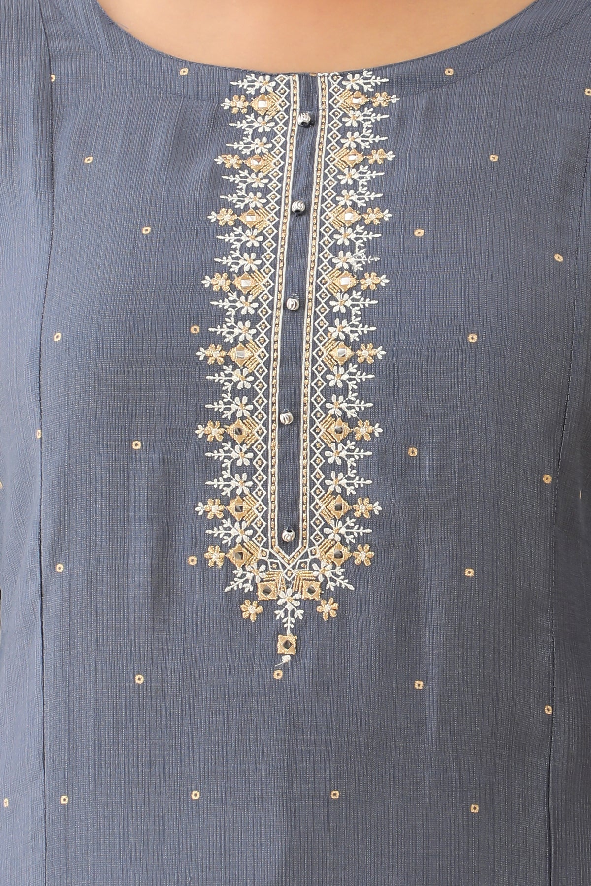 Foil Mirror Embellished With Floral Embroidered A line Kurta Grey