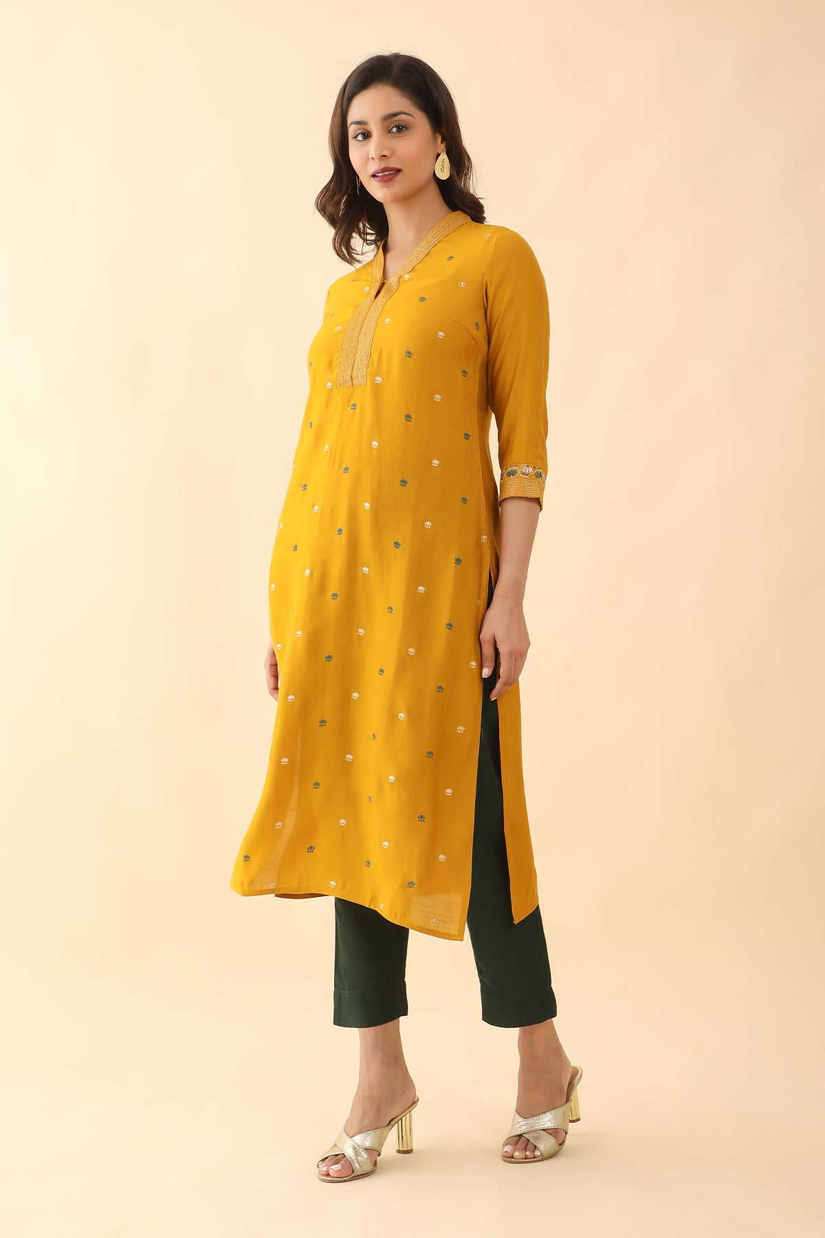 All Over Lotus Printed Embroidered Kurta Mustard