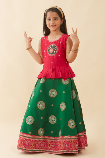 Contemporary Lotus Embroidered & Printed Kids Skirt Set - Pink & Green