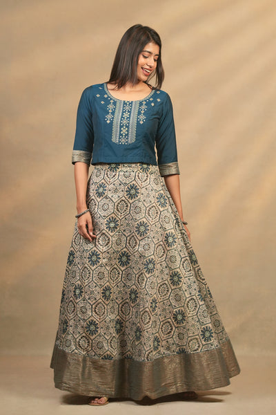 Geometric Embroidered Top & Digital Printed With Zari Border Skirt Set - Blue
