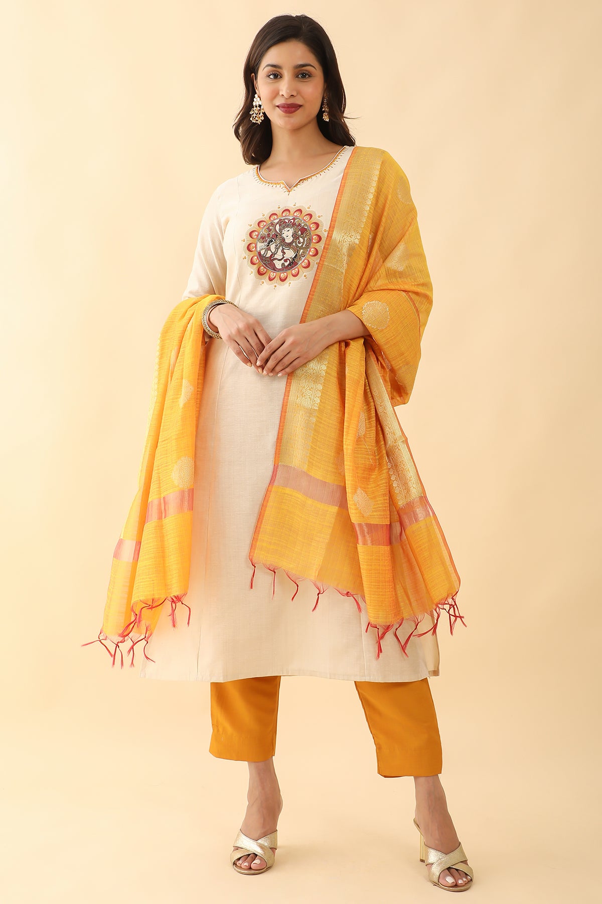 All Over Floral Digital Printed Kurta Set Off White Mustard