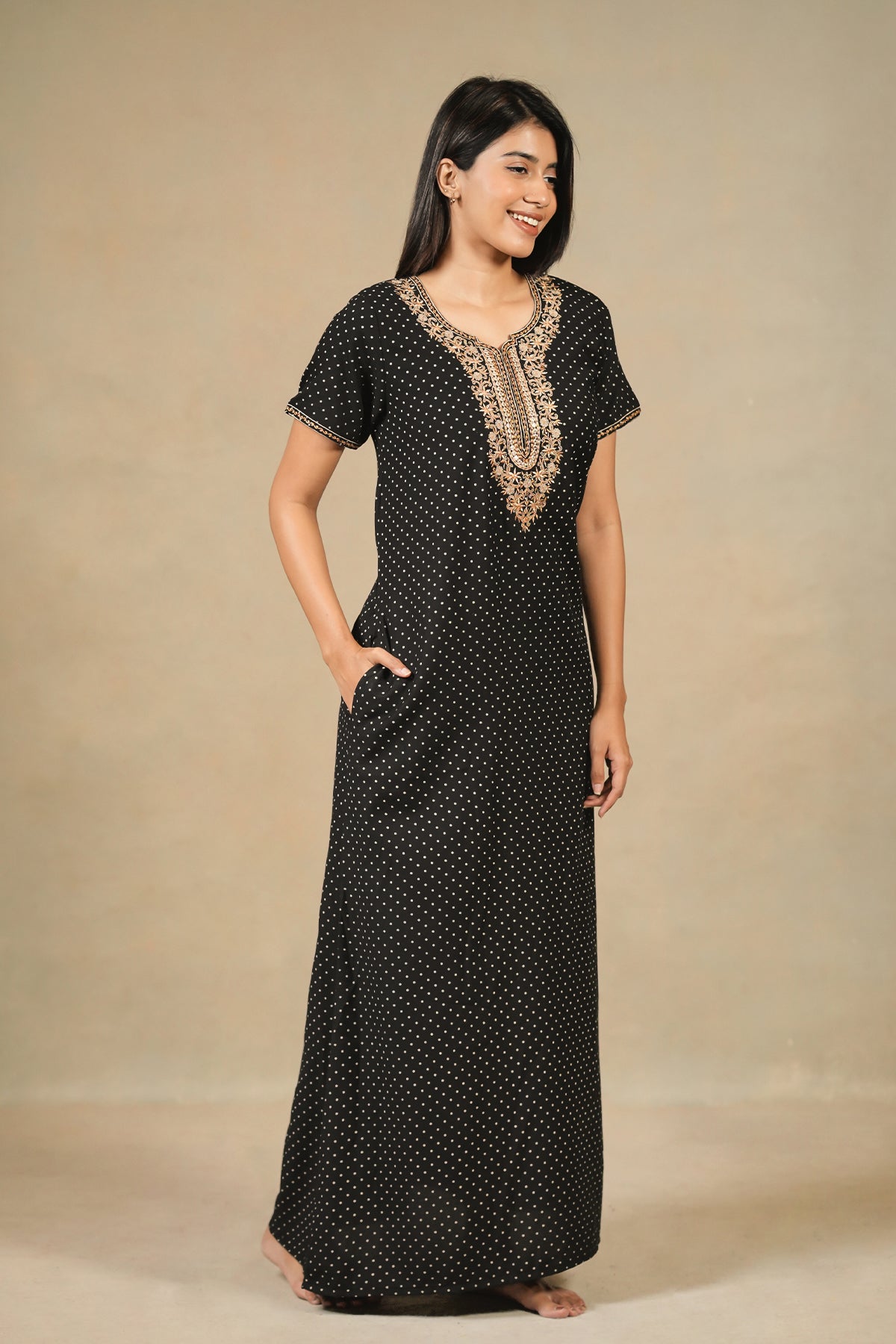 Allover Polka Dotted With Floral Embroidered Yoke Nighty Black