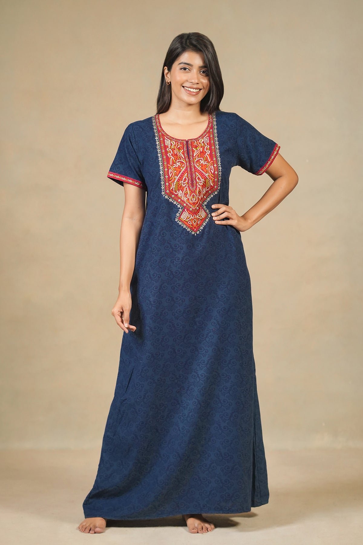 Geometric Embroidered Yoke With Floral Printed Nighty Blue