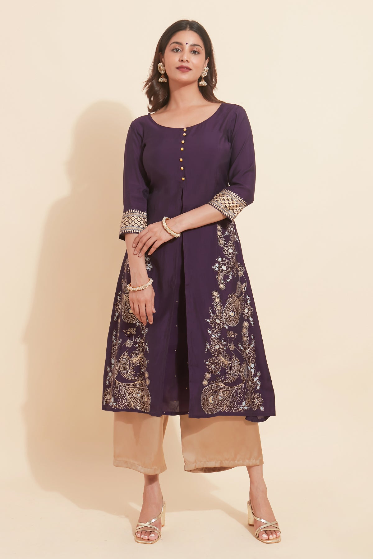 Peacock Motif Printed With Front Slit Kurta Purple