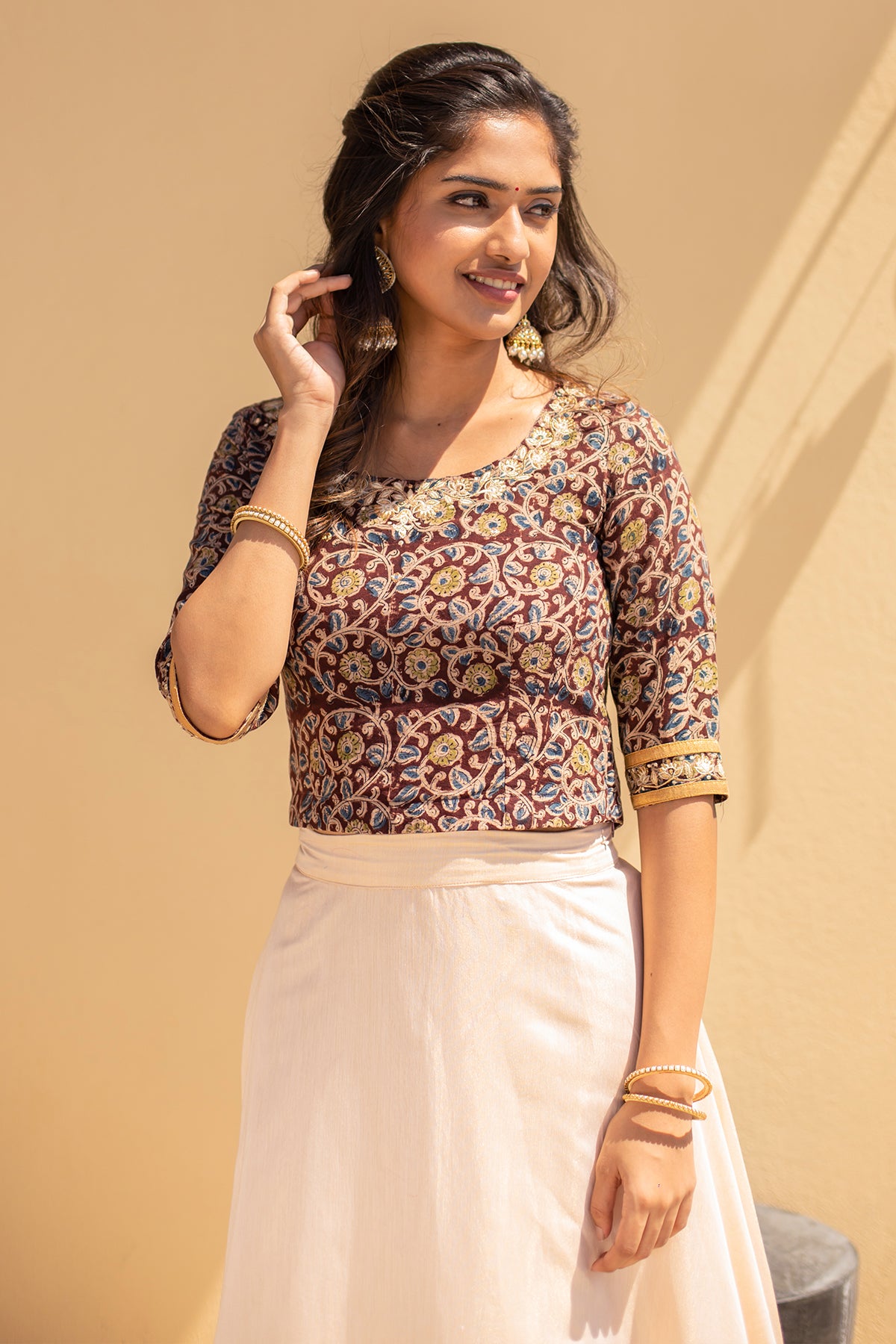 Kalamkari With Floral Embroidered Crop Top Solid Skirt Set Brown Off White