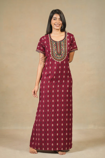 Floral Embroidered Yoke & Printed Nighty - Maroon