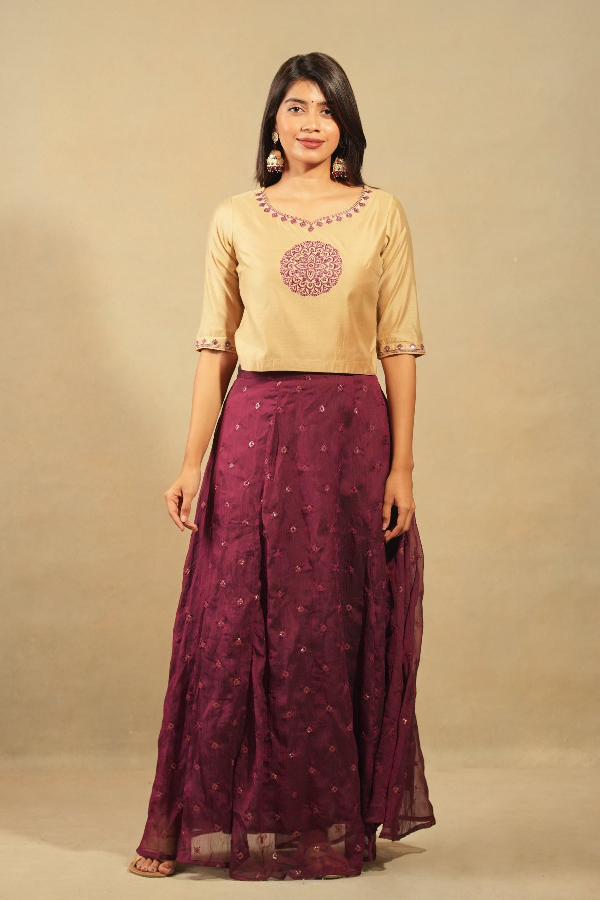 Mandala Placement Top With All Over Sequins Skirt Set - Beige & Burgundy