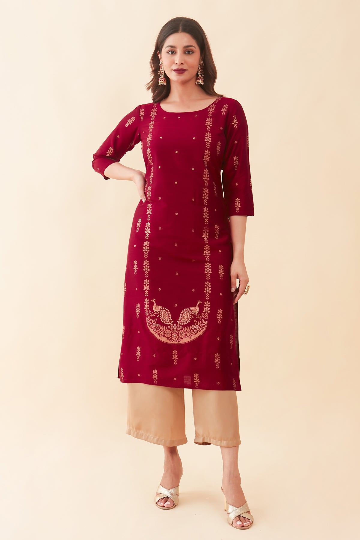 All Over Floral Printed With Stone Embellished  Kurta Maroon