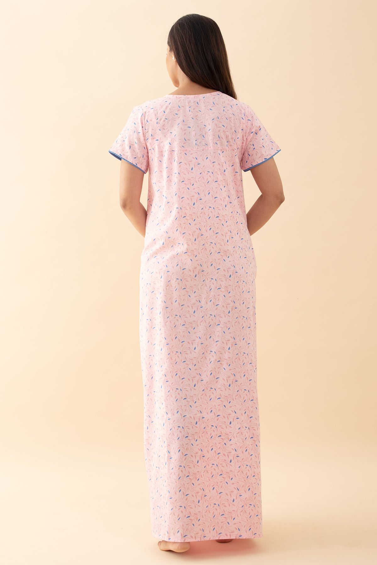 Floral Printed Nighty with Contrast Yoke - Pink