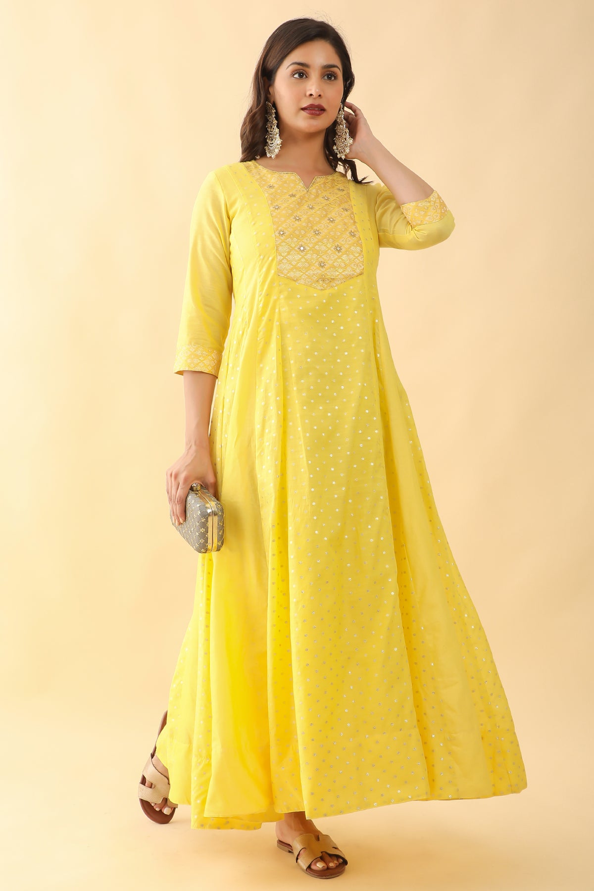 All Over Floral Weave With Brocade Yoke Anarkali Yellow