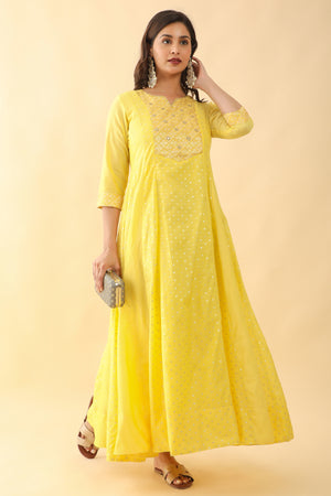 All Over Floral Weave With Brocade Yoke Anarkali Yellow