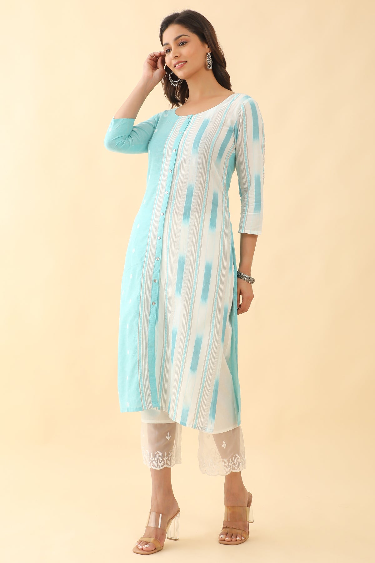 All Over Dobby Weave With Stripes Kurta Blue