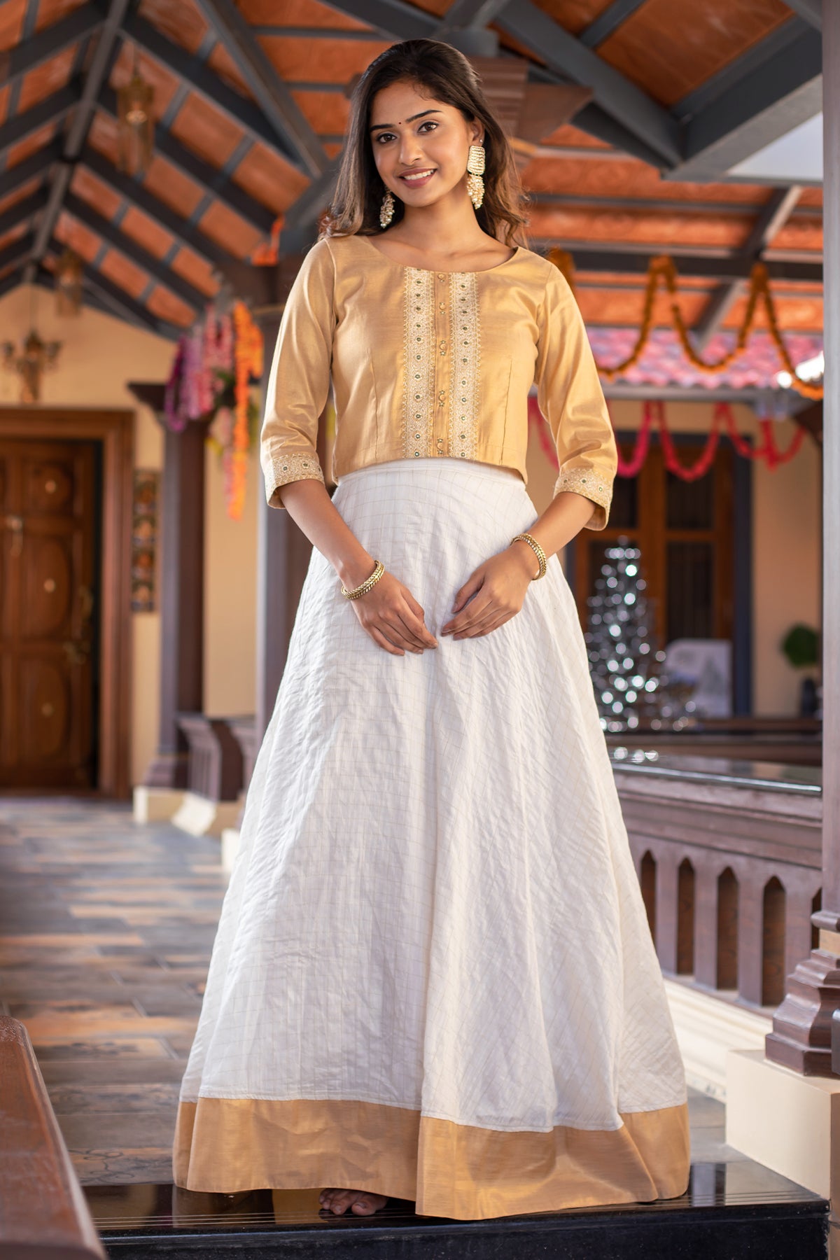 Floral Motif Embroidered With Sequin Crop Top Vallam Kali Printed Skirt Set Gold Off White