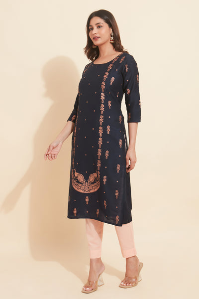 All Over Floral Printed With Stone Embellished  Kurta Blue