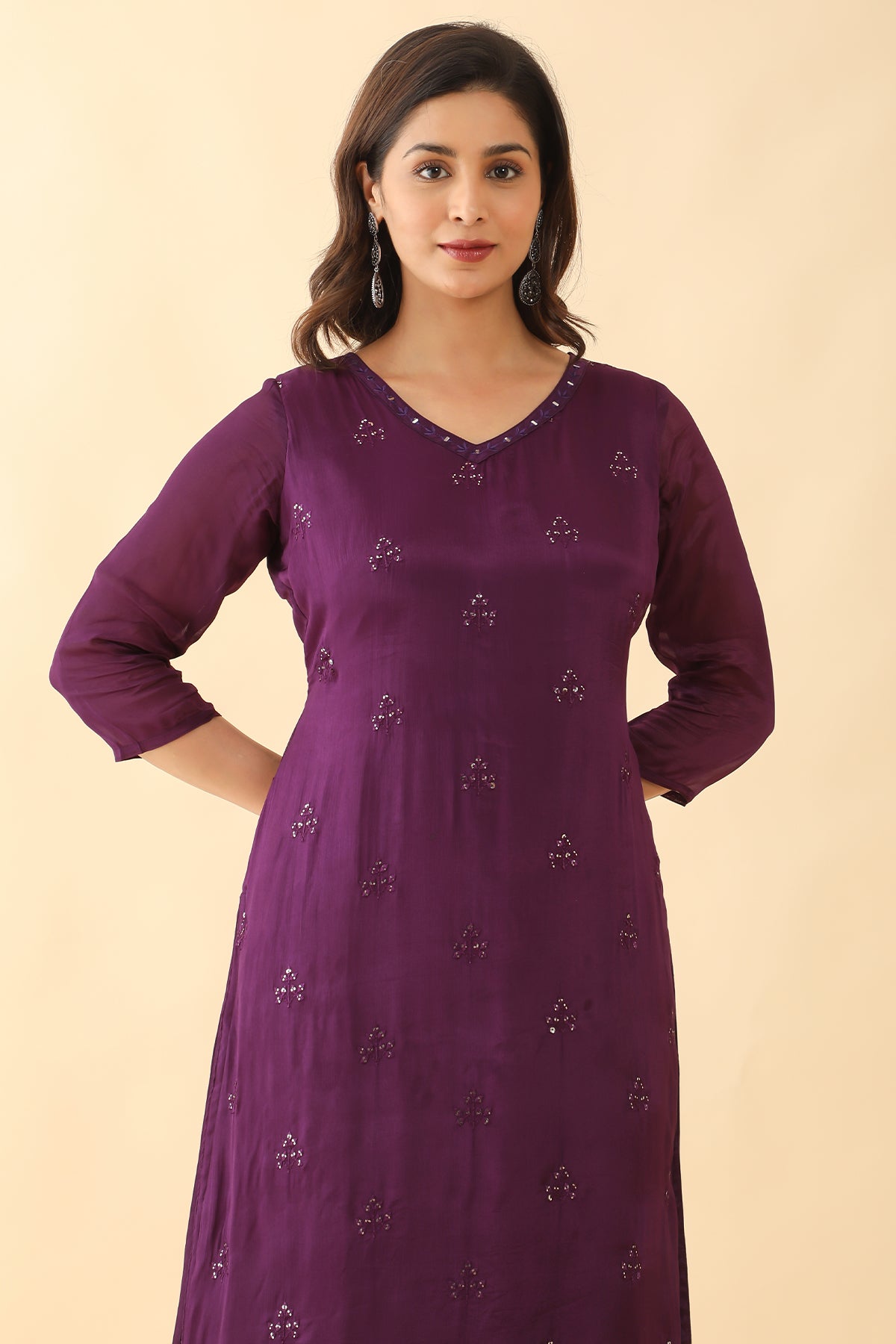 All Over Floral Embroidered With Foil Mirror Embellished Kurta Purple