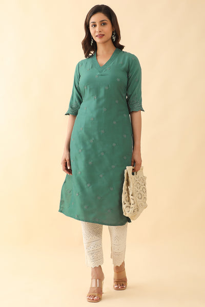 All Over Floral Embroidered Kurta Green