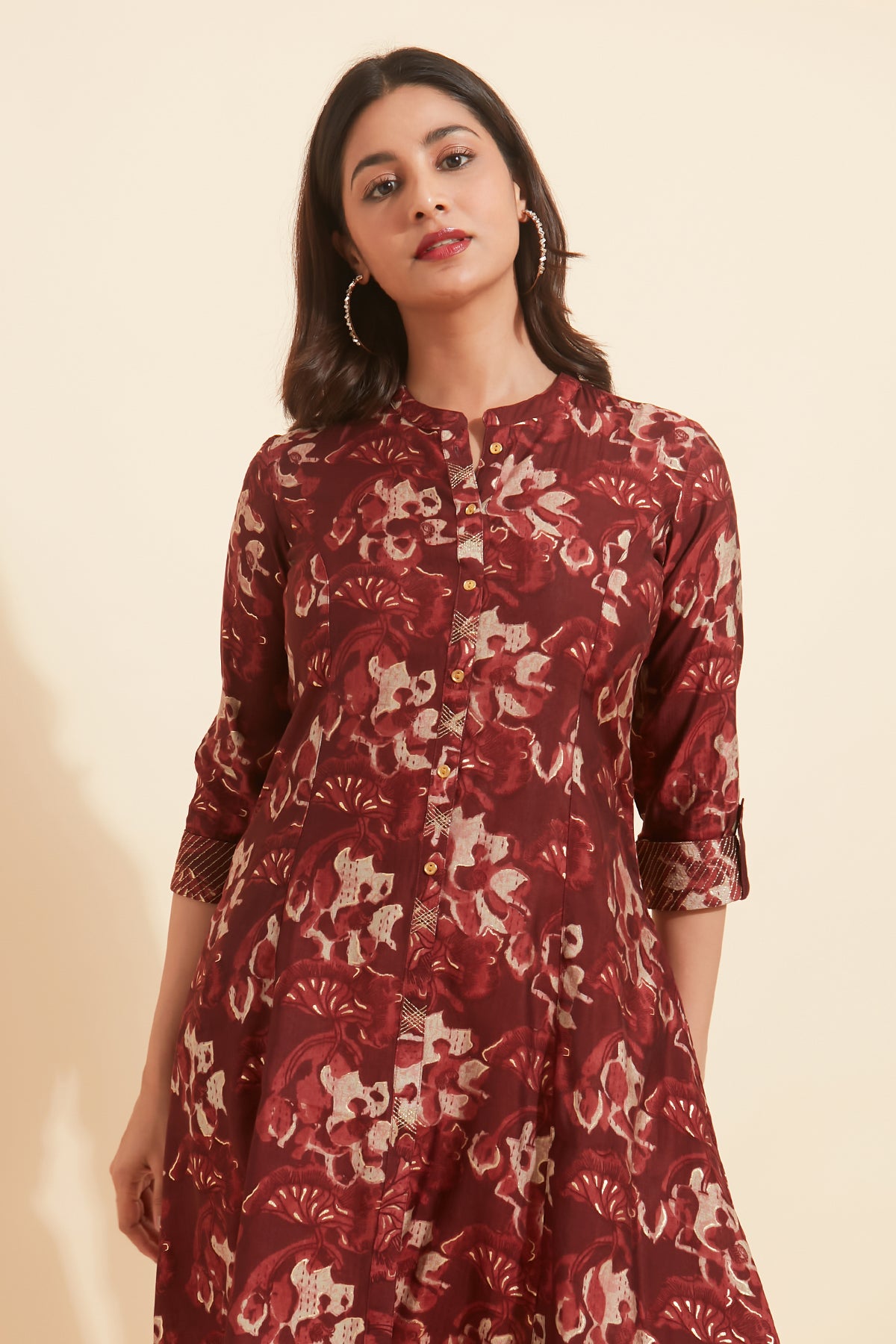 Contemporary Floral Printed Kurta Maroon