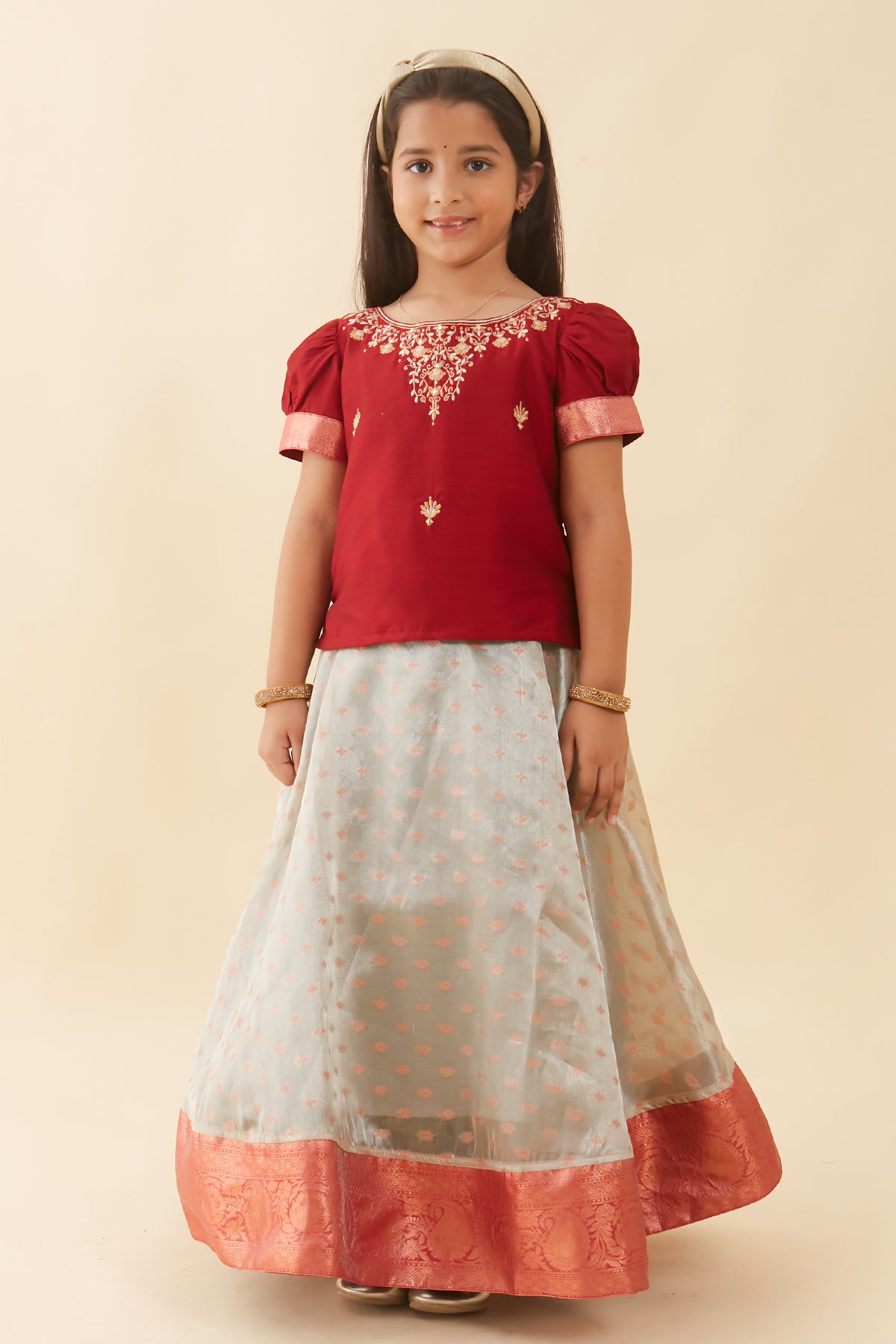 Floral Embroidered Neckline Top & Brocade  With Silk Border Kids Skirt Set - Red
