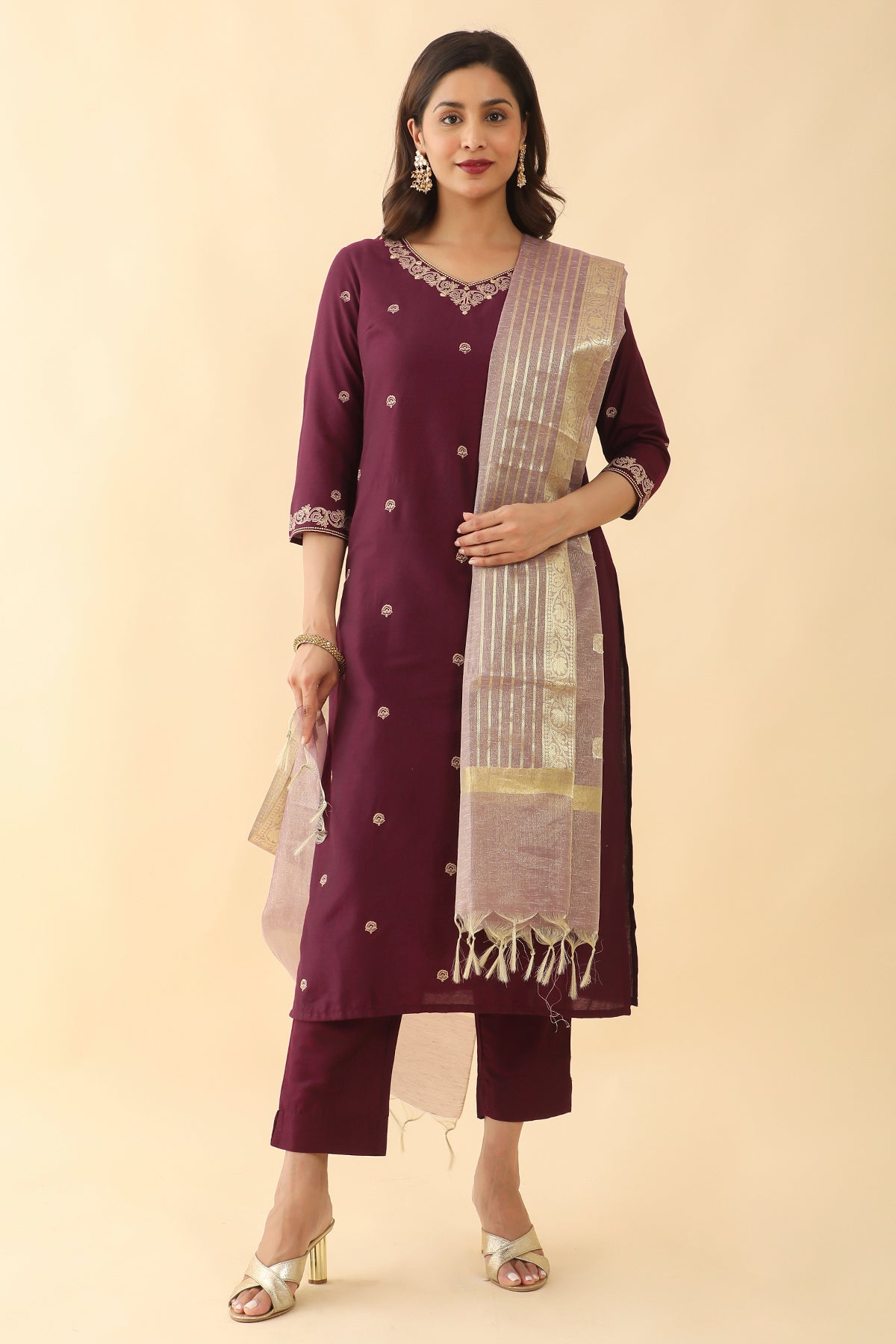 All over Floral Printed With Foil Mirror Embellished Kurta Set With Brocade Weave Dupatta Purple