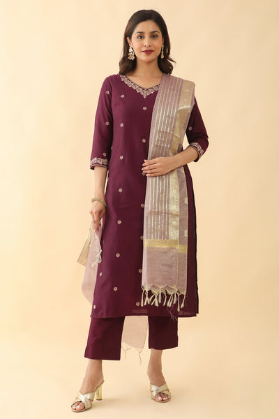 All over Floral Printed With Foil Mirror Embellished Kurta Set With Brocade Weave Dupatta - Purple