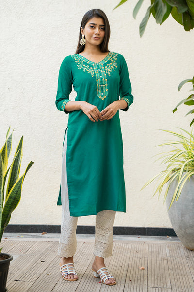 Contrast Floral Embroidered Kurta Green