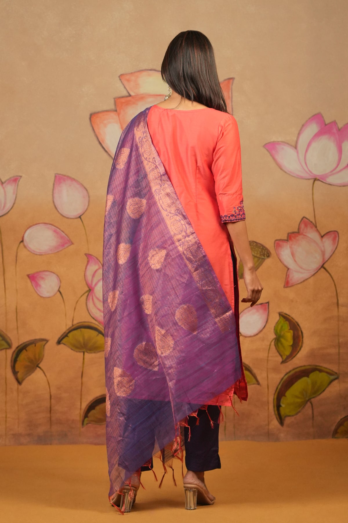 Paisley & Floral Embroidered Kurta Set With Contrast Dupatta - Peach & Purple
