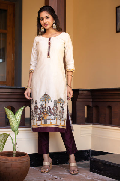 Geometric Motif Embroidered With Kathakali Inspired Placement Printed Kurta Brown