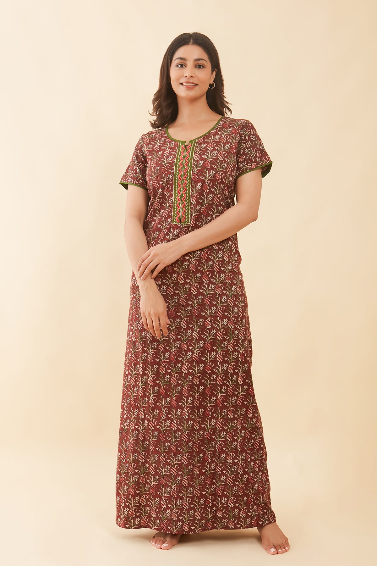 Paisley Embroidered Kalamkari Nighty - Maroon