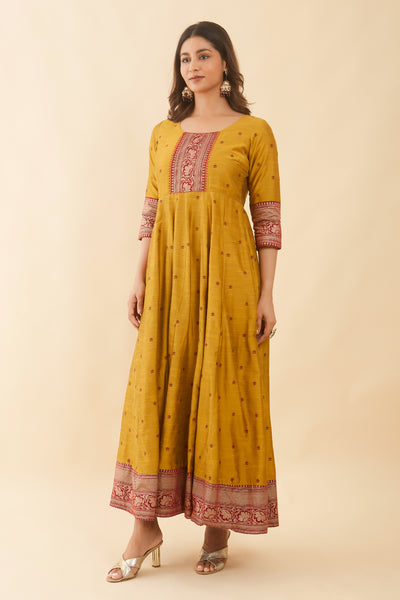 All Over Lotus Printed Anarkali With Contemporary Border - Mustard