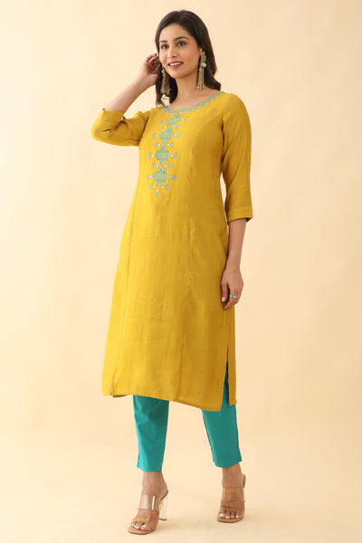 Contrast Floral Embroidered With Foil Mirror Embellished Kurta Yellow
