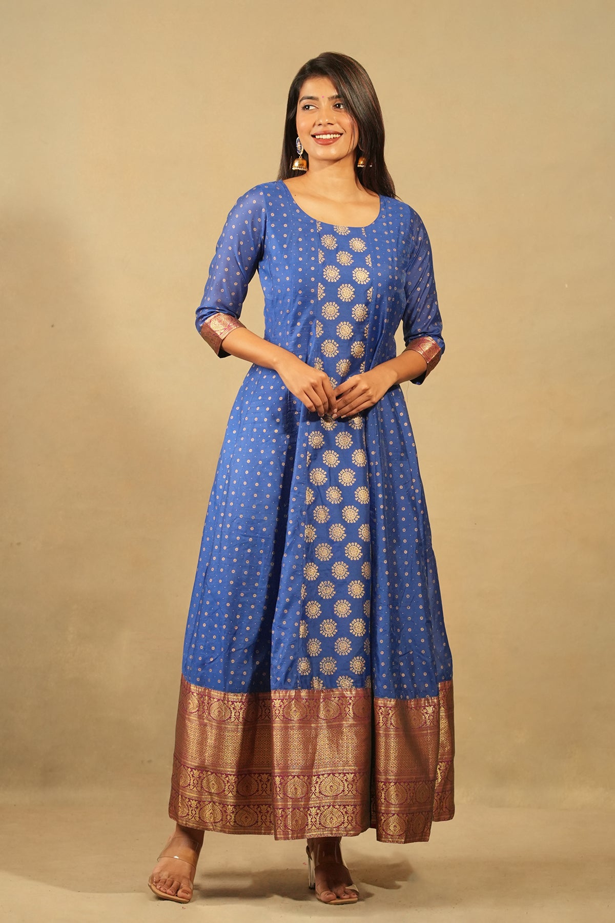 Brocade Inspired All Over Print With Silk Border Anarkali Blue