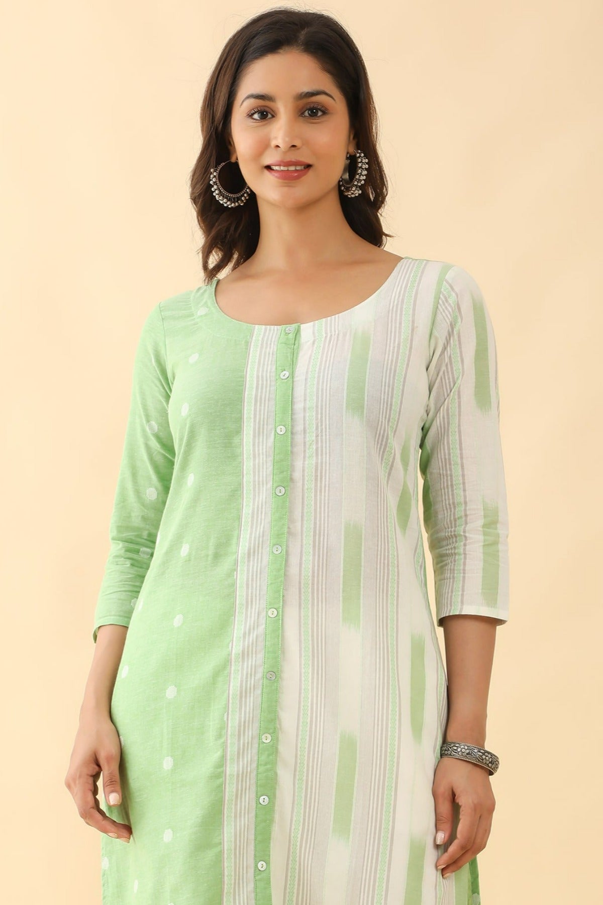 All Over Dobby Weave With Stripes Kurta - Green