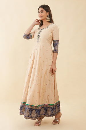 Floral Embroidered Neckline With Printed Anarkali Beige