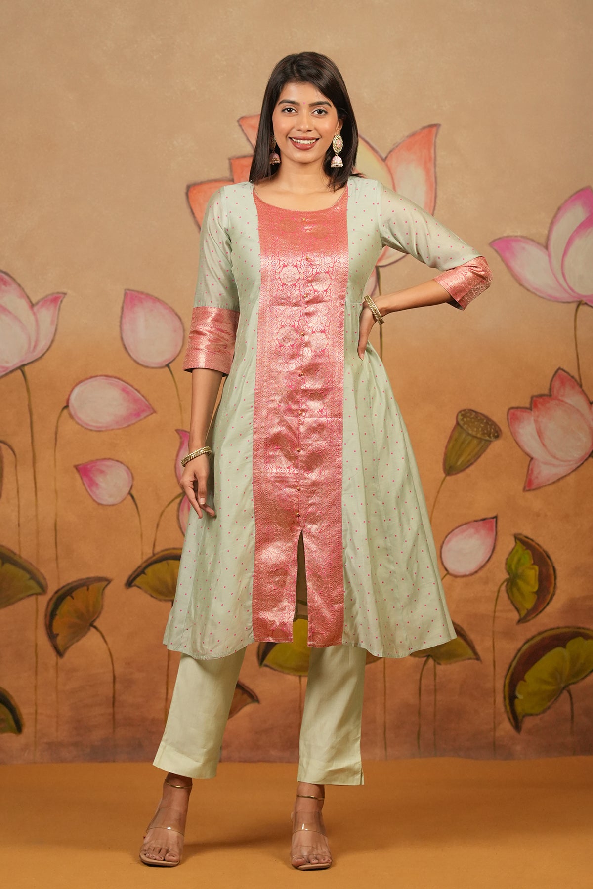 Allover Polka Dot With Silk Zark patchwork Kurta Green