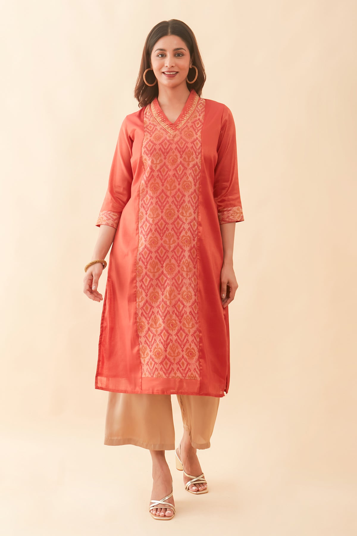 Ikkat Printed With Floral Embroidered Kurta - Orange