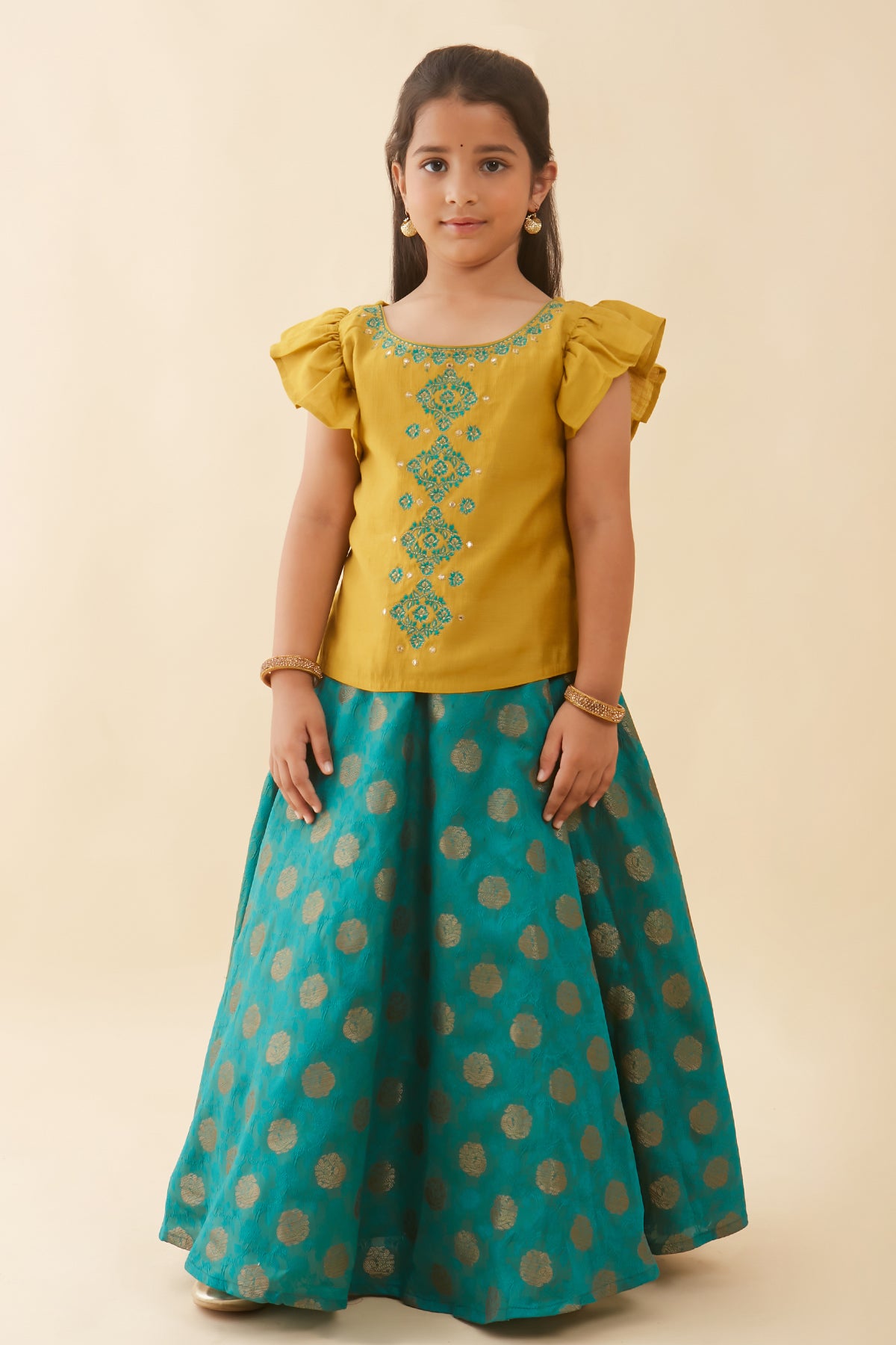 Brocade Skirt With Contrast Floral Embroidered Kids Skirt Set - Mustard & Green