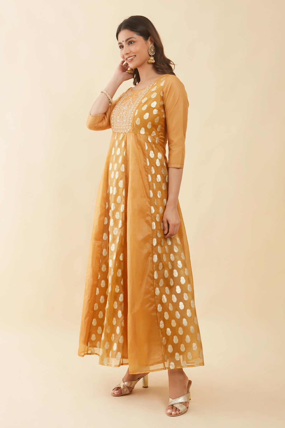 Floral Embroidered Yoke With Brocade Panelled Anarkali Mustard