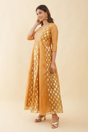 Floral Embroidered Yoke With Brocade Panelled Anarkali Mustard