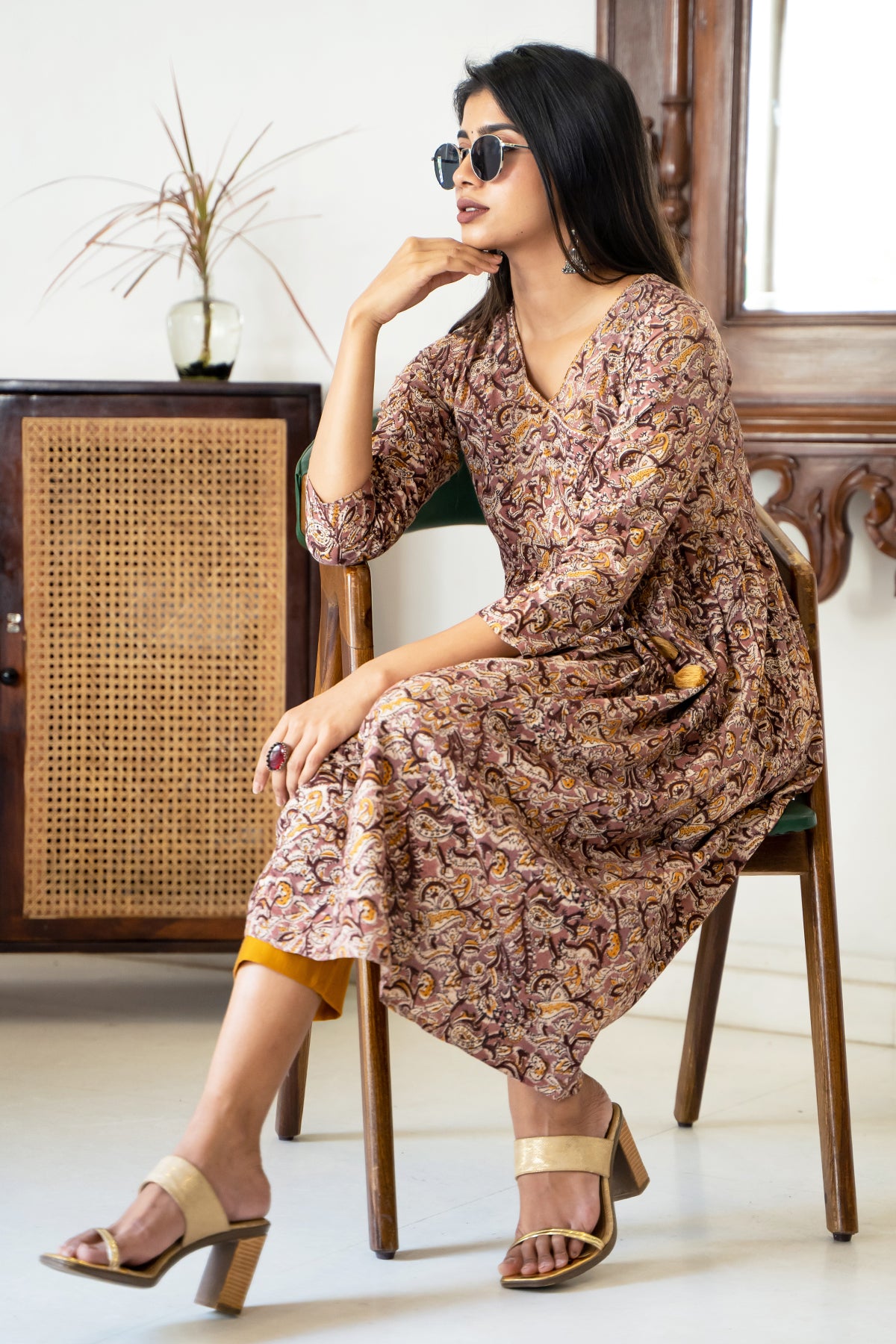 All Over Kalamkari Printed A-Line Kurta - Brown