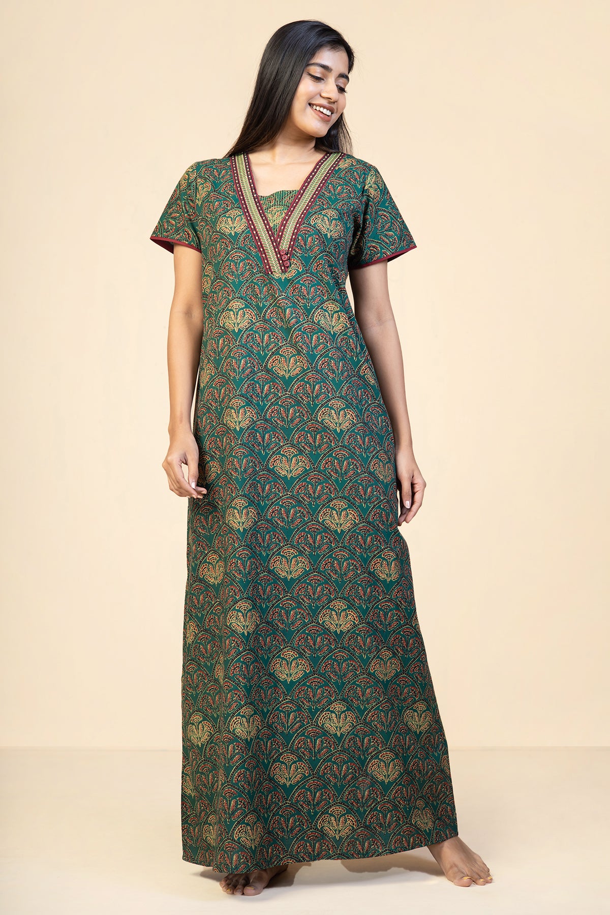All Over Ajrak Printed With Yoke Embroidered Nighty - Green