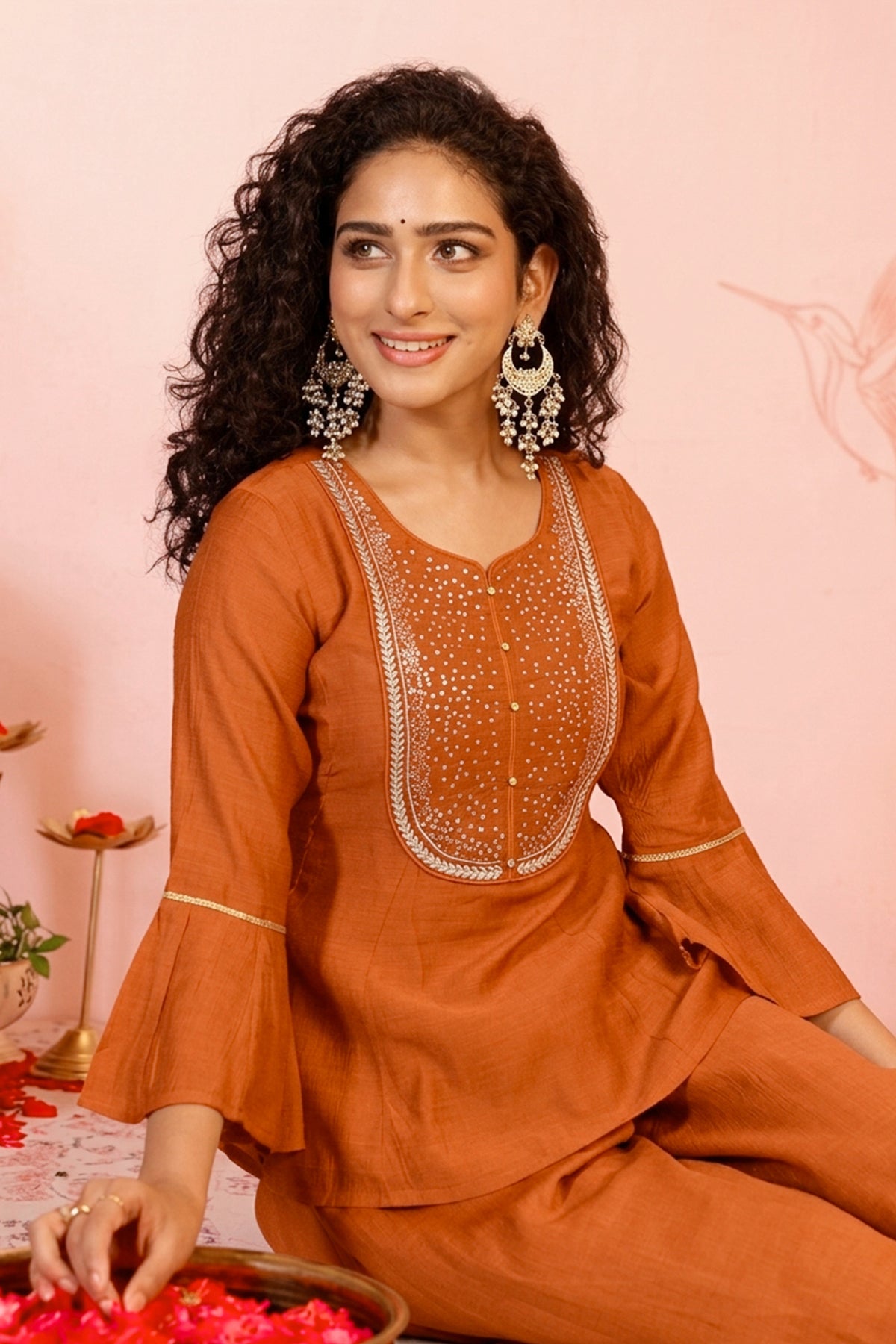 Rust Sequin Top With Rust Solid Divided Skirt Set