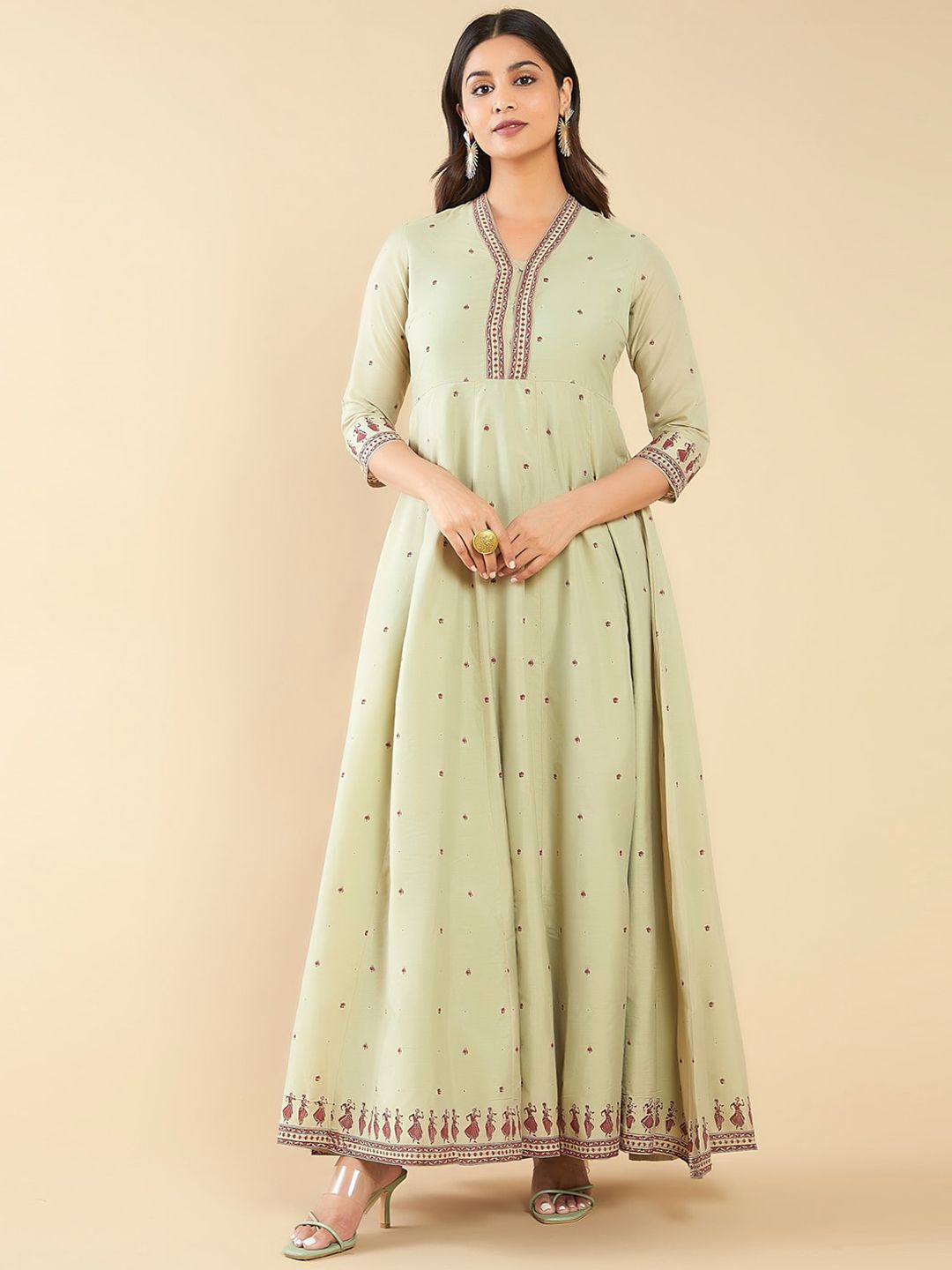 Natyam Motif Printed Anarkali - Green