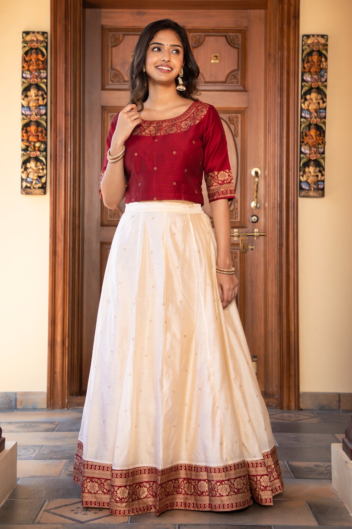 Floral Motif Printed Crop Top & Contrast Border With Floral Motif Printed Skirt Set - Red & Off-White