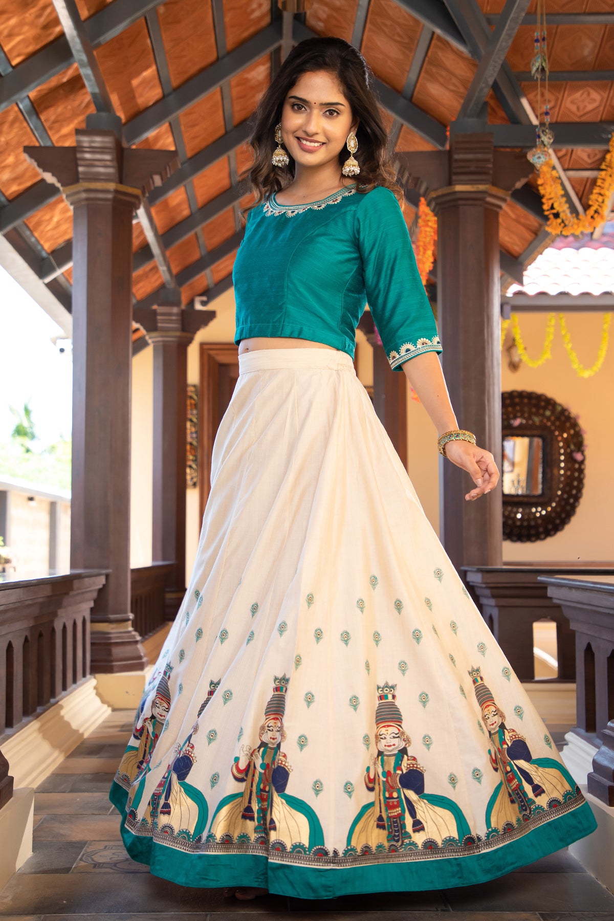 Geometric Motif Embroidered Crop Top & Kathakali Motif Printed Skirt Set - Green & Off-White