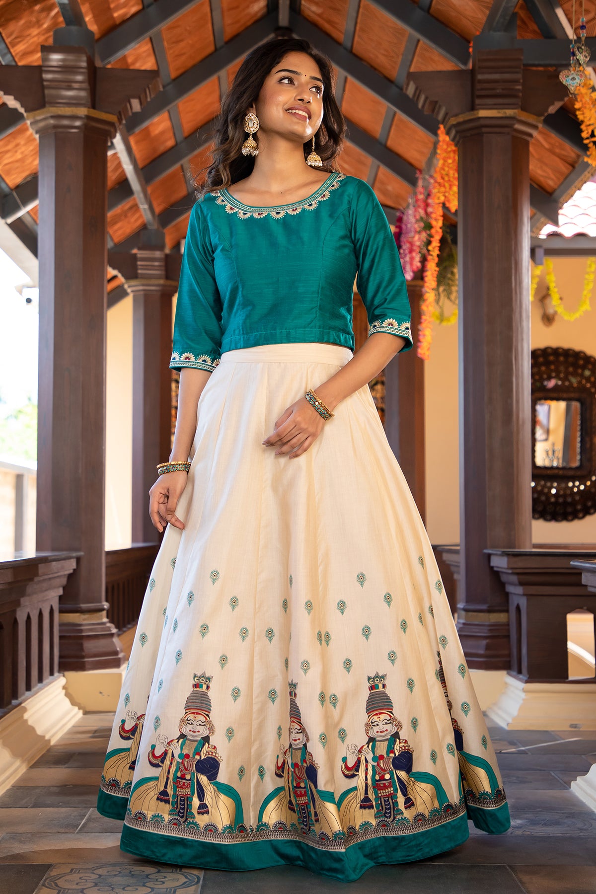 Geometric Motif Embroidered Crop Top & Kathakali Motif Printed Skirt Set - Green & Off-White