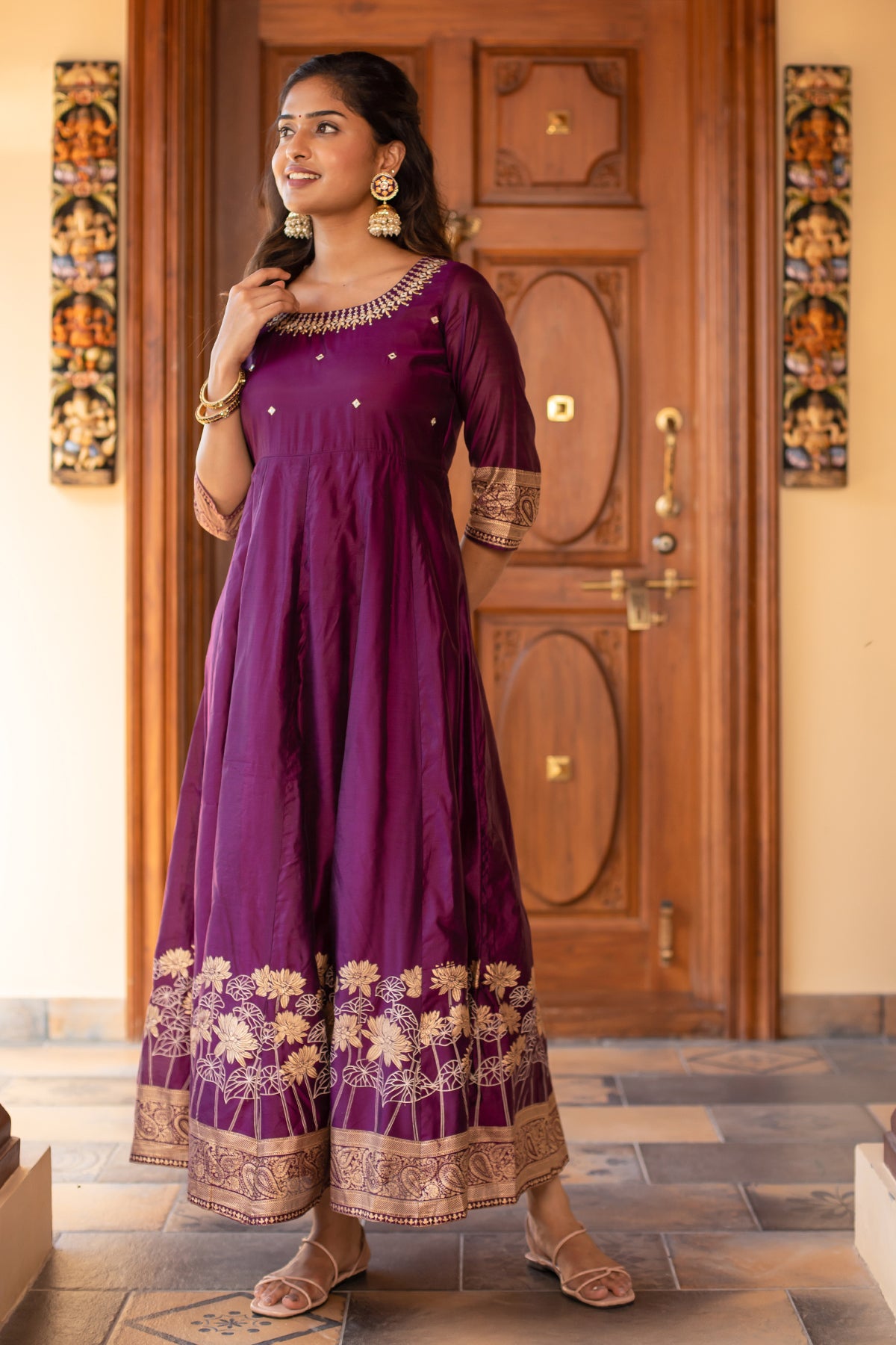 Geometric Embroidered with Foil Mirror Floral Paisley Printed Anarkali Purple