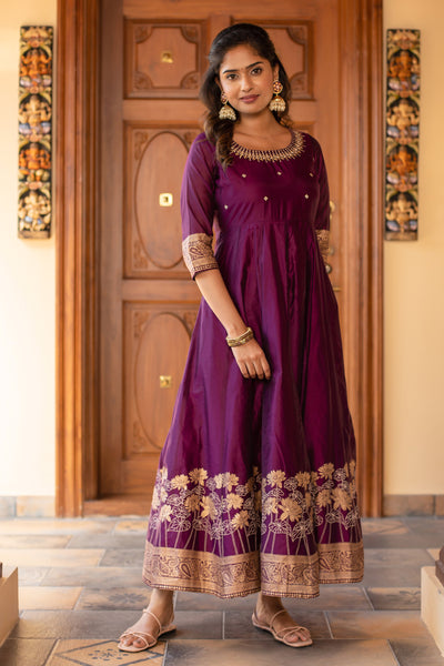 Geometric Embroidered with Foil Mirror Floral Paisley Printed Anarkali Purple