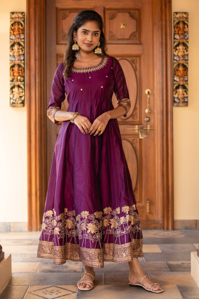 Geometric Embroidered with Foil Mirror Floral Paisley Printed Anarkali Purple
